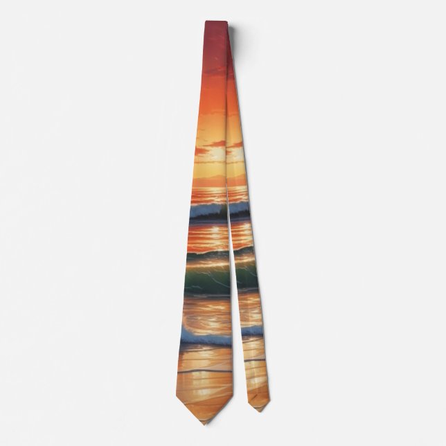 Red Sunset Ocean Seascape Painting Artwork Tie (Front)