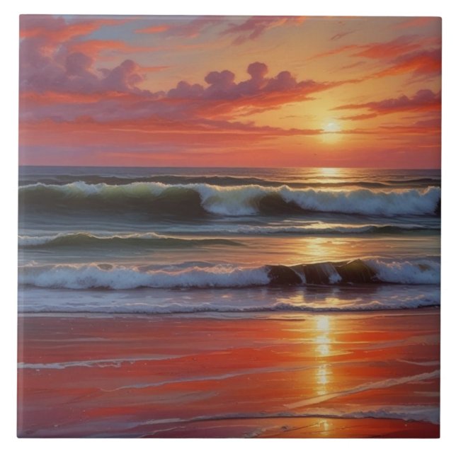 Red Sunset Ocean Seascape Painting Artwork Tile (Front)