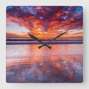 Red sunset over the sea, California Square Wall Clock