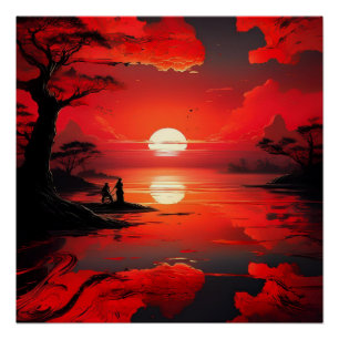 Red Sunset Reflection – Peaceful Nature Art Poster