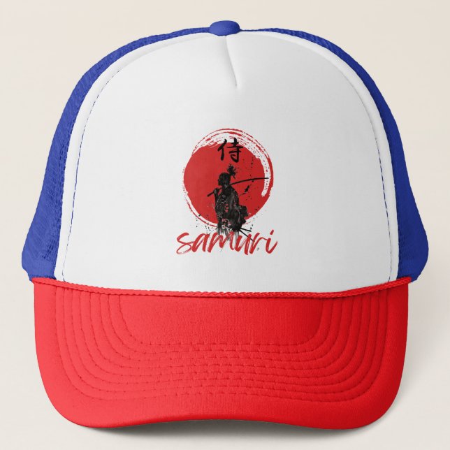 Red Sunset Samurai Warrior With Katana Hoodie Trucker Hat (Front)