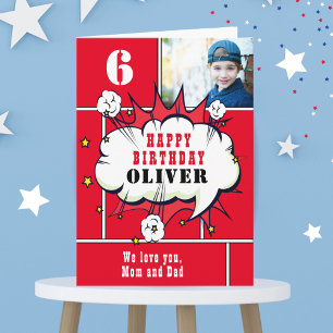Red Superhero Comic Bubble Boy Photo Birthday Card