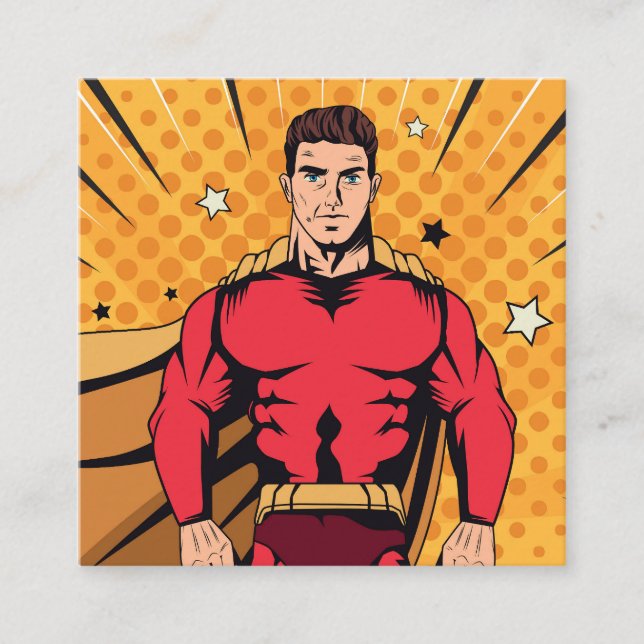 Red superhero square business card (Front)