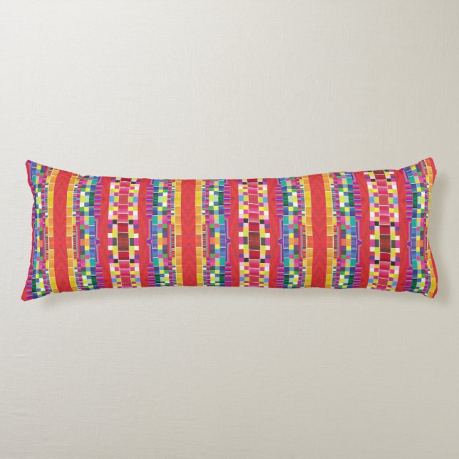 red swatches, stripes, and colourful pixels body cushion (Front)