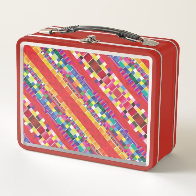 red swatches, stripes, and colourful pixels metal lunch box (Front)