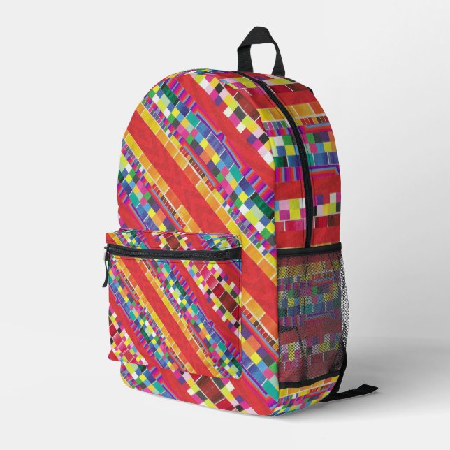 red swatches, stripes, and colourful pixels printed backpack (Back Corner Right)