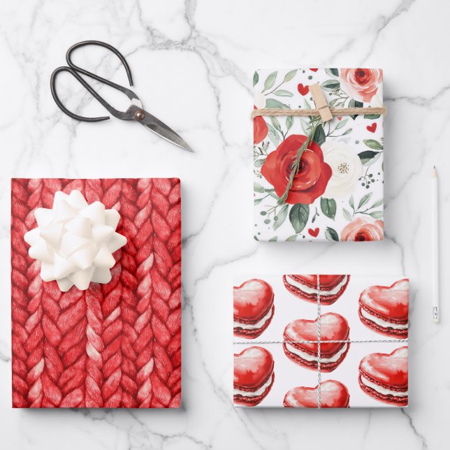 Red Sweater Floral Heart Macaroons Birthday Wrapping Paper Sheet (Front)