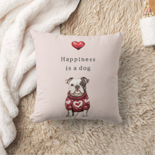 Red Sweater White Hearts Happiness is a dog Cushion