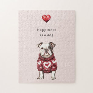 Red Sweater White Hearts Happiness is a dog Jigsaw Puzzle