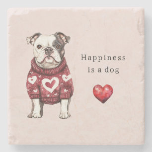 Red Sweater White Hearts Happiness is a dog Stone Coaster