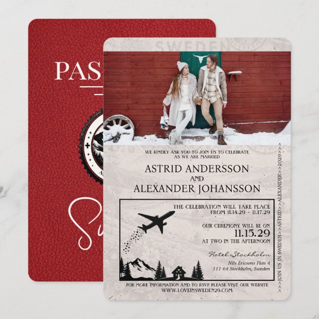 Red Sweden Passport Wedding Invitation (Front/Back)