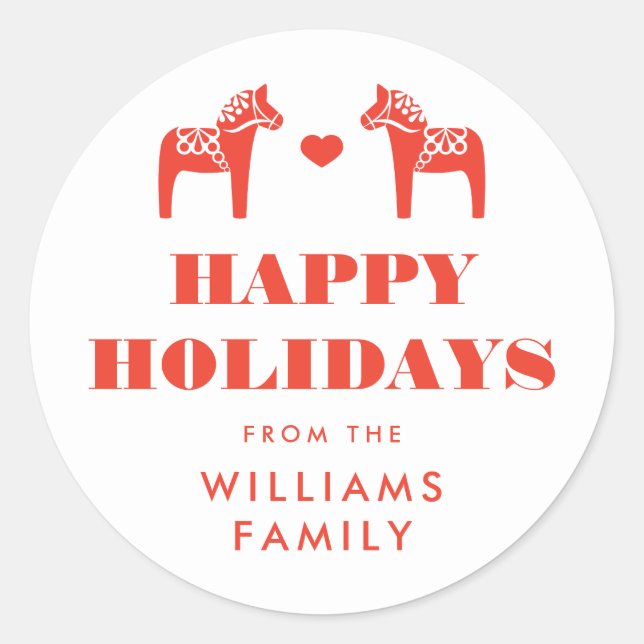 Red Swedish Dala Horse Holiday Round Gift Sticker (Front)