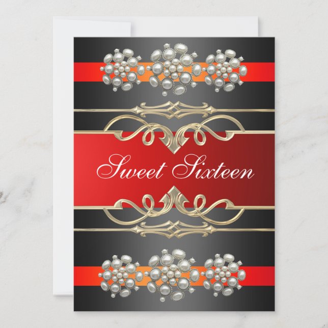 Red Sweet16 Elegant Pearl Birthday Invite (Front)