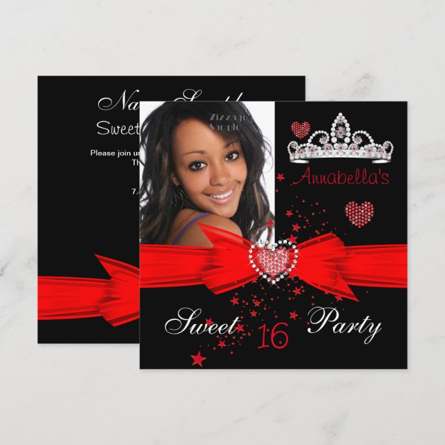 Red Sweet 16 Birthday Diamond Tiara Photo Invitation (Front/Back)