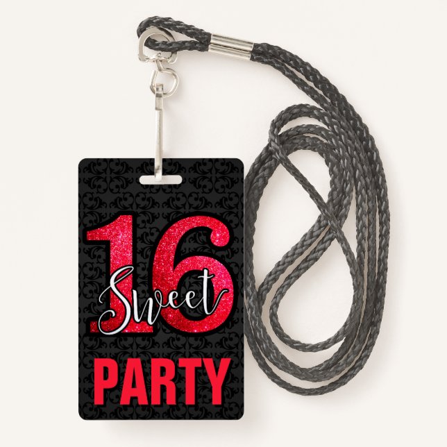 Red Sweet 16 Birthday Party Invitation ID Card ID Badge (Front with Lanyard)