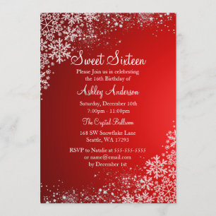 Red Sweet 16 Winter Wonderland Sparkle Snowflakes Invitation
