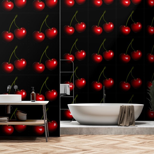 Red Sweet Cherries Custom Colour Black Wallpaper (Bathroom)