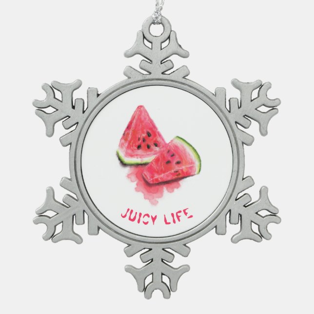 Red Sweet Juicy Watermelon Pieces Tasty - Drawing  Snowflake Pewter Christmas Ornament (Front)