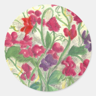 Red Sweet Pea Watercolor Flower Garden Classic Round Sticker