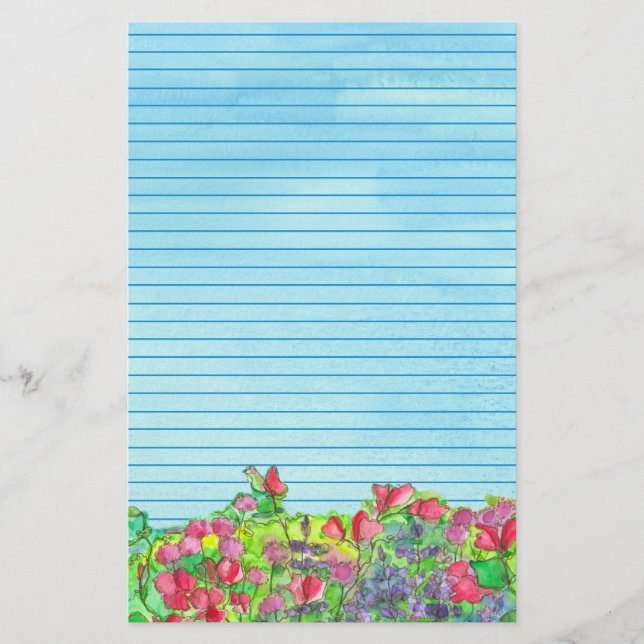 Red Sweet Peas Blue Lined Stationery (Front)