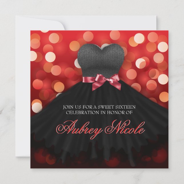 Red Sweet Sixteen Black Dress Birthday Invite (Front)