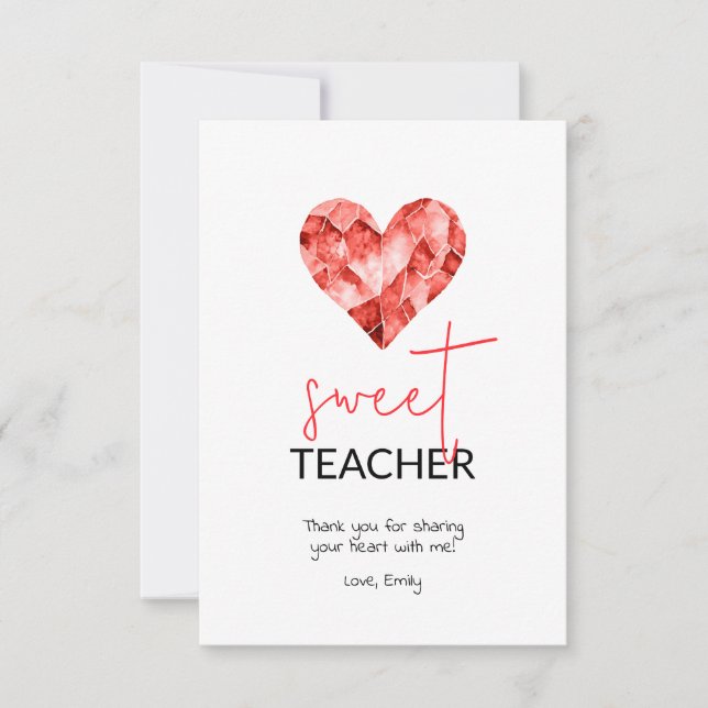 Red Sweet Teacher Watercolor diamond Heart Thank You Card (Front)