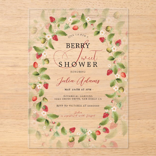 Red Sweet Wild Strawberry Flowers Baby Shower Acrylic Invitations (Front)