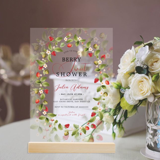 Red Sweet Wild Strawberry Flowers Baby Shower Acrylic Invitations (Creator Uploaded)