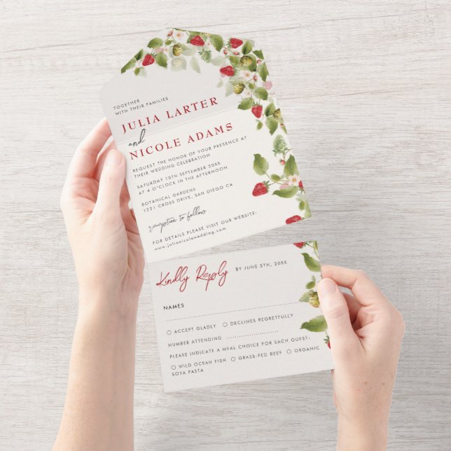 Red Sweet Wild Strawberry Flowers Wedding All In One Invitation (Tearaway)