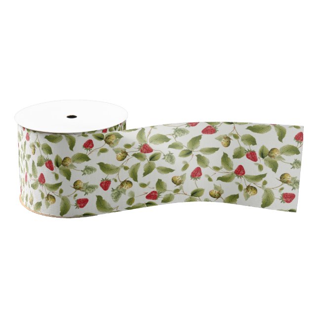 Red Sweet Wild Strawberry Flowers Wedding Grosgrain Ribbon (Spool)