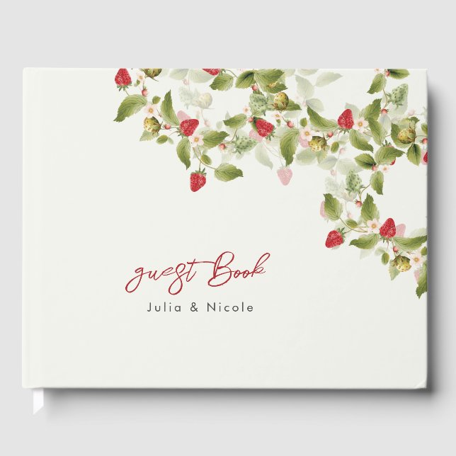Red Sweet Wild Strawberry Flowers Wedding Guest Book (Front)