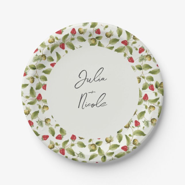 Red Sweet Wild Strawberry Flowers Wedding Paper Plate (Front)