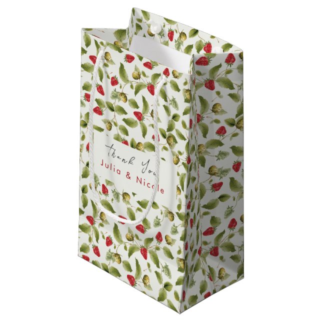 Red Sweet Wild Strawberry Flowers Wedding Small Gift Bag (Front Angled)