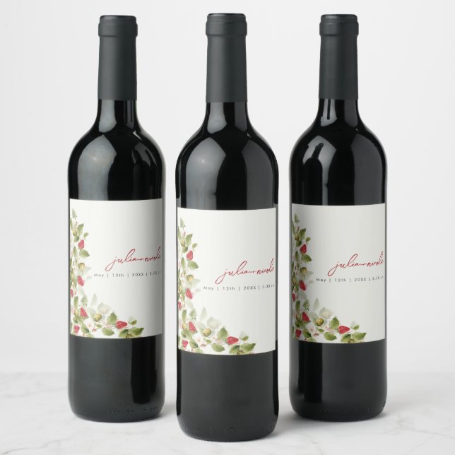 Red Sweet Wild Strawberry Flowers Wedding Wine Label (Bottles)