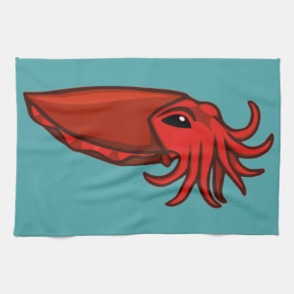 Red Swimming Cuttlefish Tea Towel
