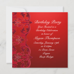 Red Swirl Damask Birthday Invitation