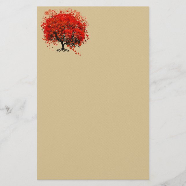 Red Swirled Heart Flower Tree on Yellow Stationery (Front)