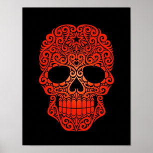 Red Swirling Sugar Skull on Black Poster