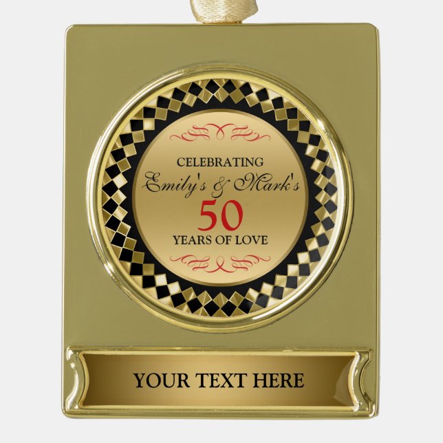 Red Swirls And Gold Diamonds- 50th Anniversary Gold Plated Banner Ornament (Front)