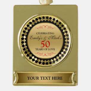 Red Swirls And Gold Diamonds- 50th Anniversary Plated Banner Ornament