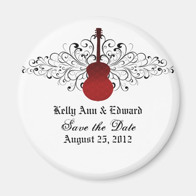Red Swirls Guitar Save the Date Magnet (Front)
