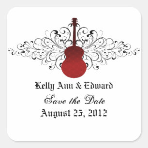 Red Swirls Guitar Save the Date Stickers