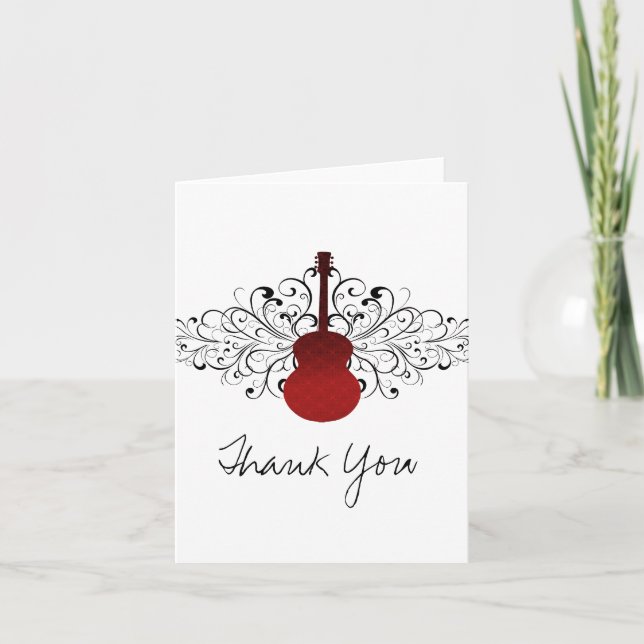 Red Swirls Guitar Thank You Card (Front)