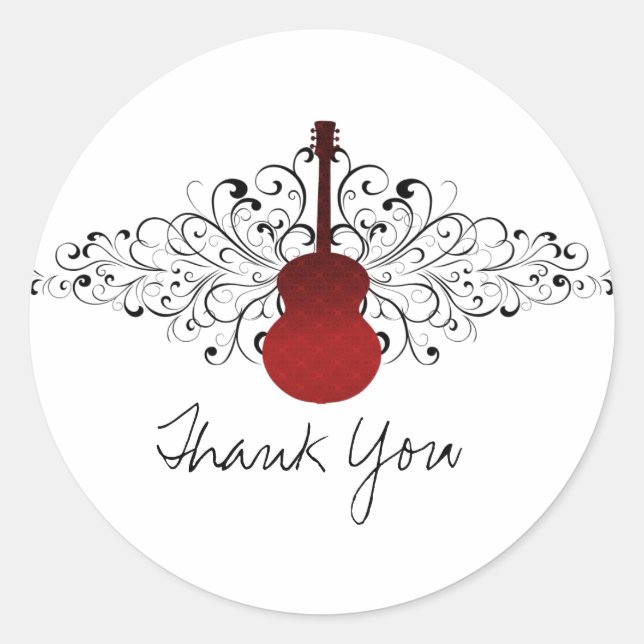 Red Swirls Guitar Thank You Stickers (Front)