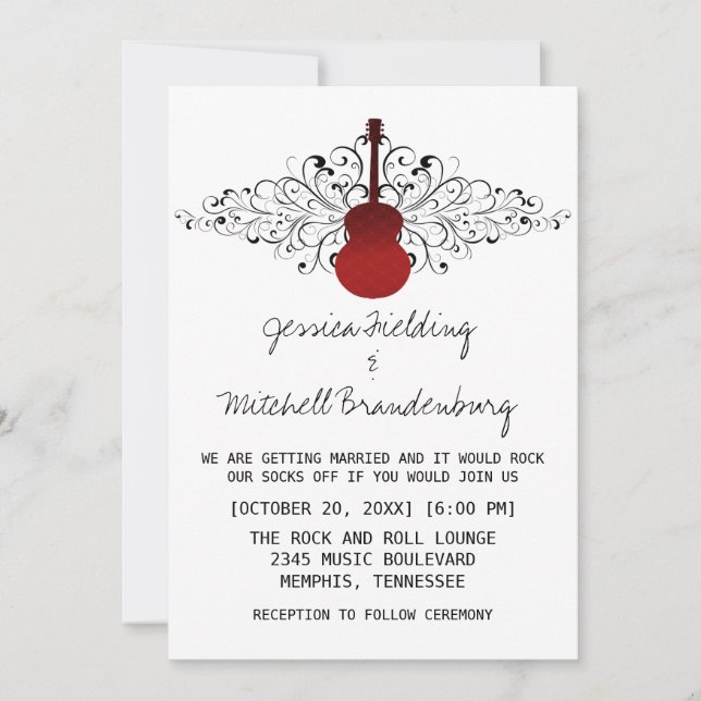 Red Swirls Guitar Wedding Invitation (Front)