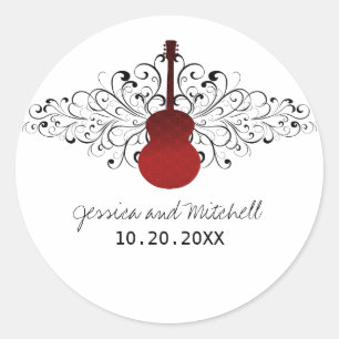 Red Swirls Guitar Wedding Stickers