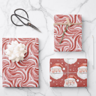 Red Swirls Peppermint Candy Santa Christmas Wrapping Paper Sheet