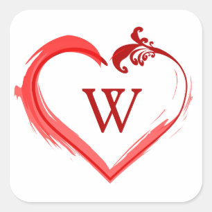 Red Swoosh Heart Stickers with Monogram Initial