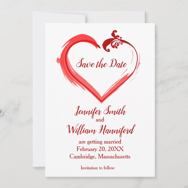 Red Swoosh Heart Wedding Save the Date Cards (Front)