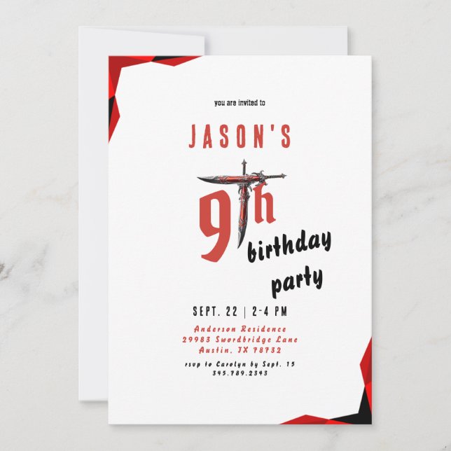 Red Sword Boy's Birthday Party  Invitation (Front)